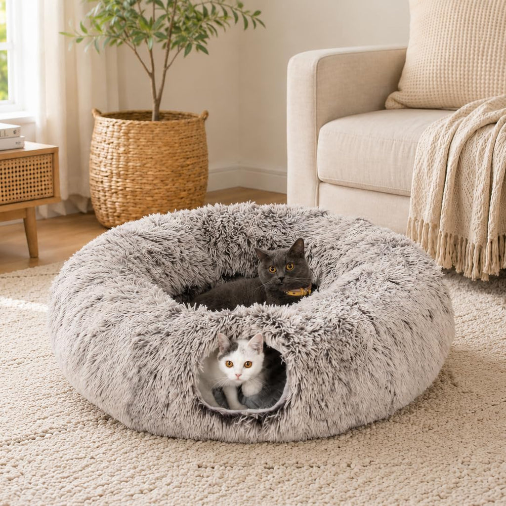LUCKITTY warm plush cat tunnel bed front view cozy pet playground