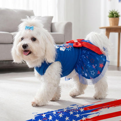 Cyeollo independence day cat apparel laid flat highlighting the lightweight gauze skirt layers.