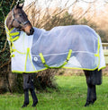 Derby House Recycled Cool Lite Detach-a-Neck Fly Sheet front view on a horse showcasing the white fabric with yellow trim.
