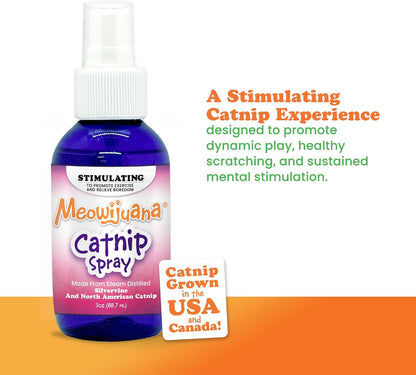 Meowijuana catnip and silvervine mist being sprayed on a cardboard cat scratcher