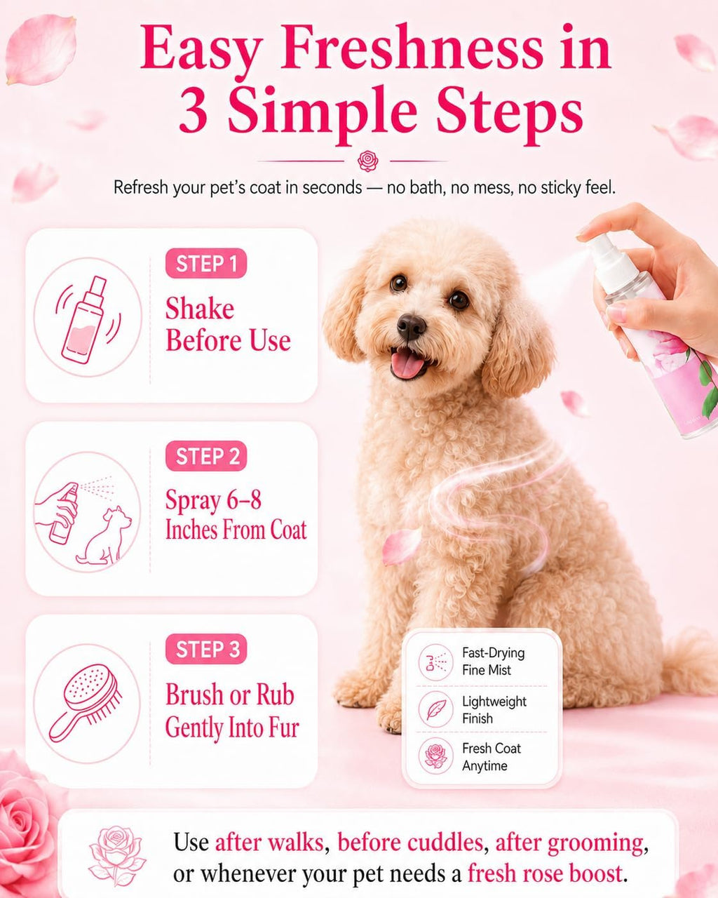Oivolii soft rose pet scent deodorizer bottle alongside natural ingredients like chamomile.