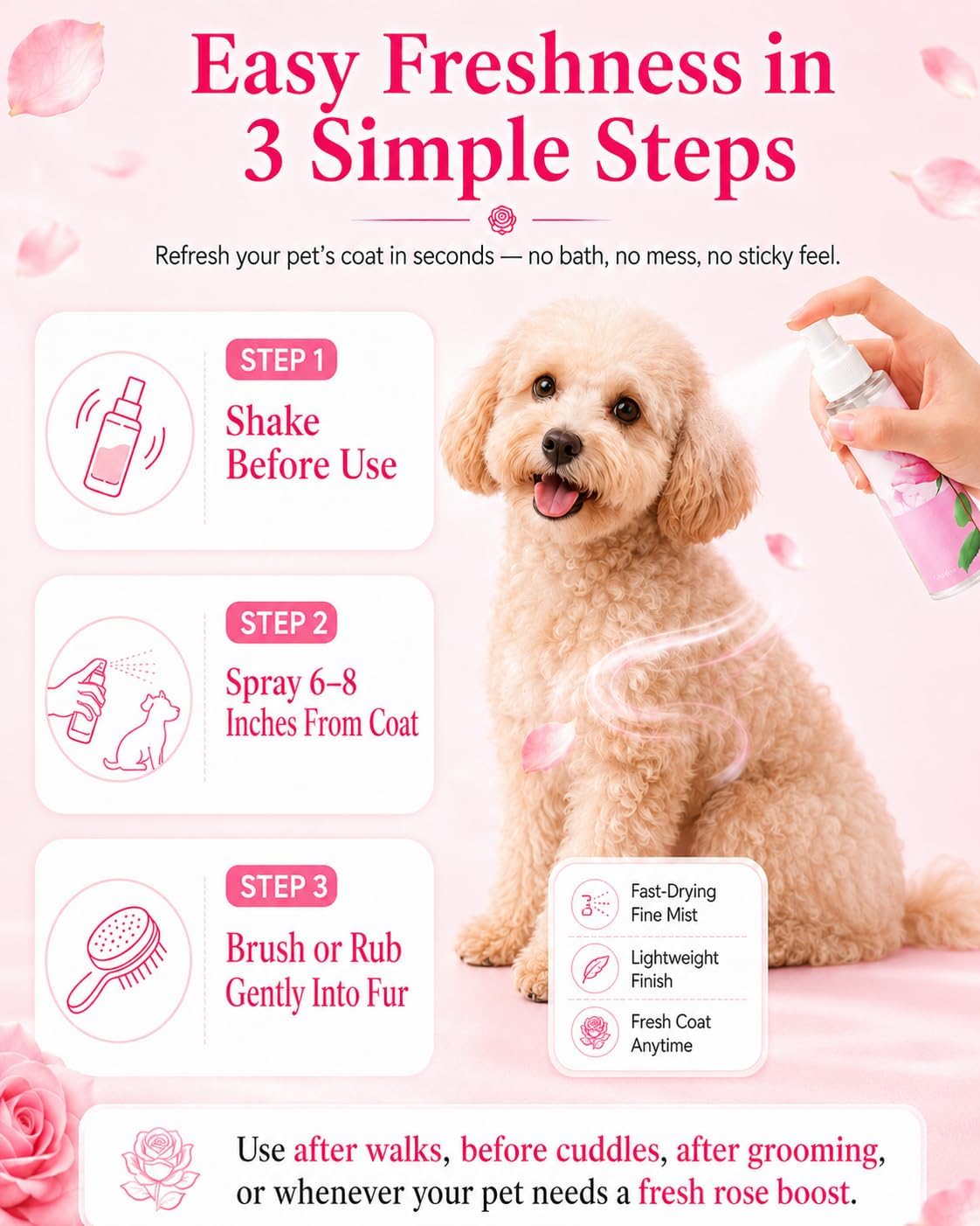 Oivolii soft rose pet scent deodorizer bottle alongside natural ingredients like chamomile.