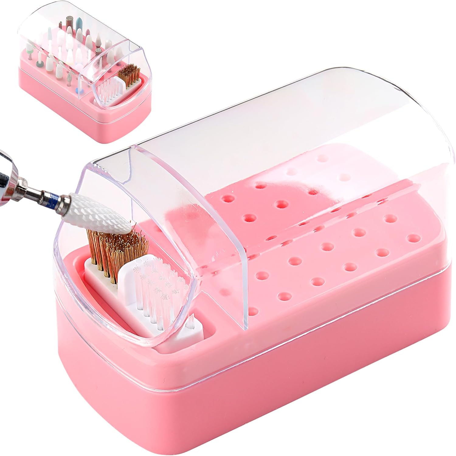 Earthiva 2 in 1 nail drill bit holder front view showing pink base and thirty storage holes