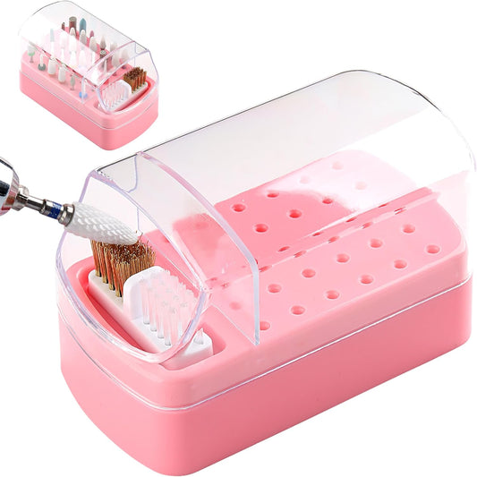 Earthiva 2 in 1 nail drill bit holder front view showing pink base and thirty storage holes