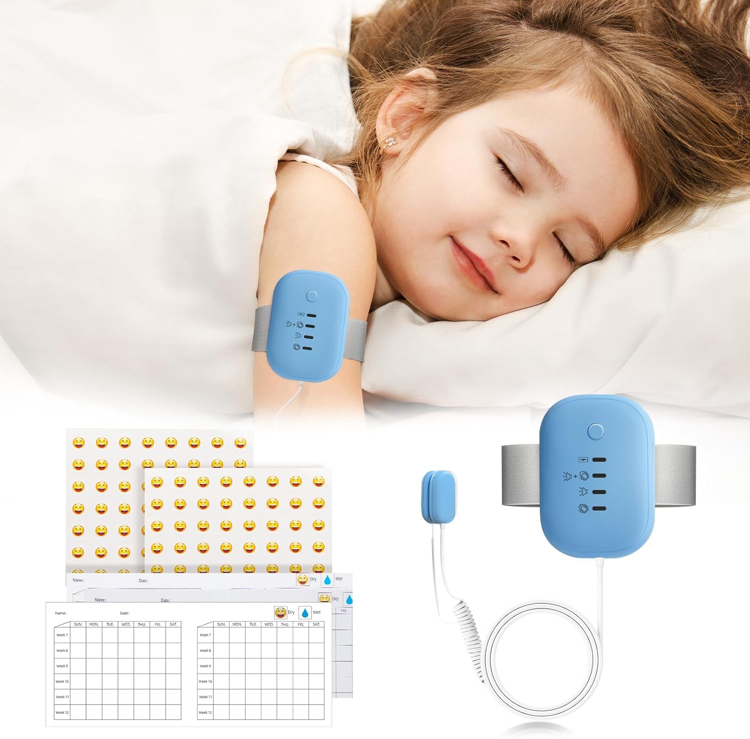 Yoiilifee Bed Wetting Alarm front view showing compact blue rechargeable unit.