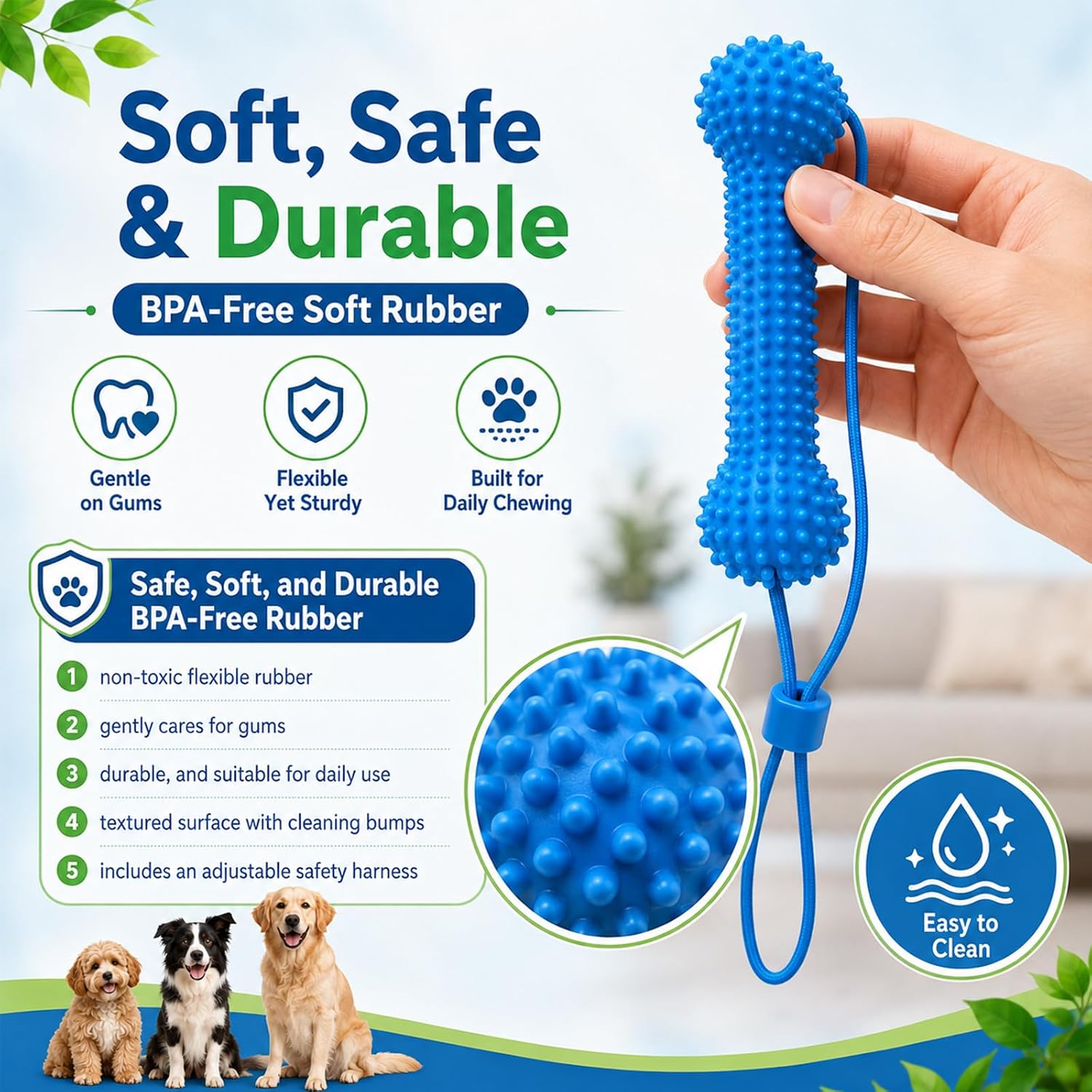 Dog mouth opener toy with adjustable head strap shown from a side profile perspective.