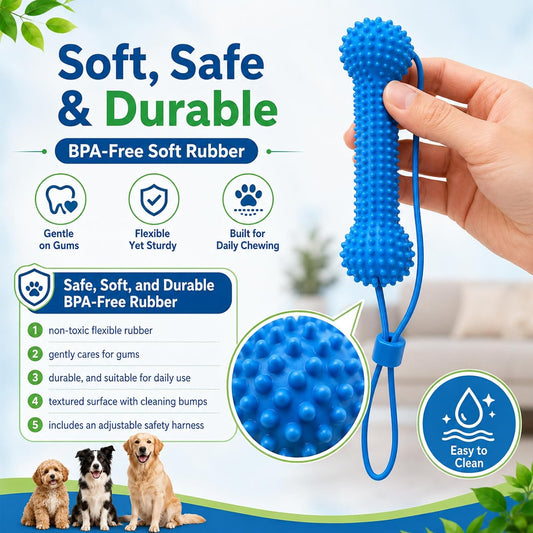 Dog mouth opener toy with adjustable head strap shown from a side profile perspective.