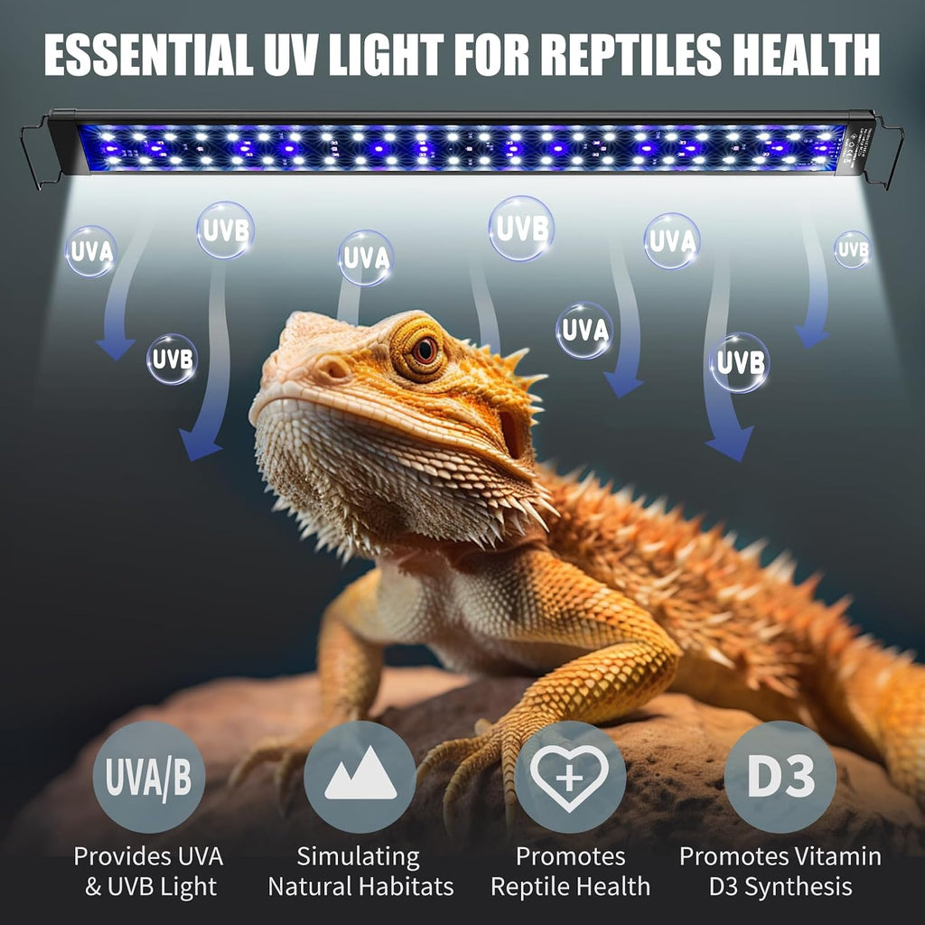 EnchOrch reptile light fixture with controller showing automated timer settings
