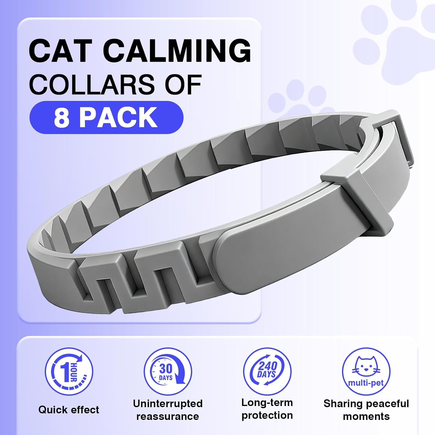 Cat wearing a purple pheromone calming collar close up shot