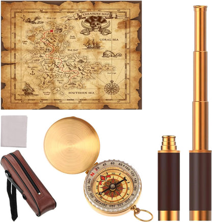 CatemRC pirate telescope set front view featuring the extended brass spyglass and compass.