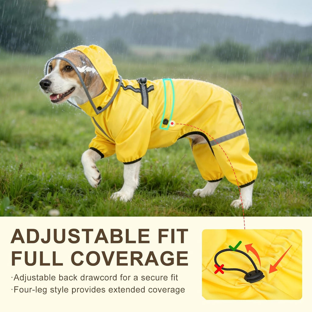 Four legged pet rain suit with clear transparent detachable hood