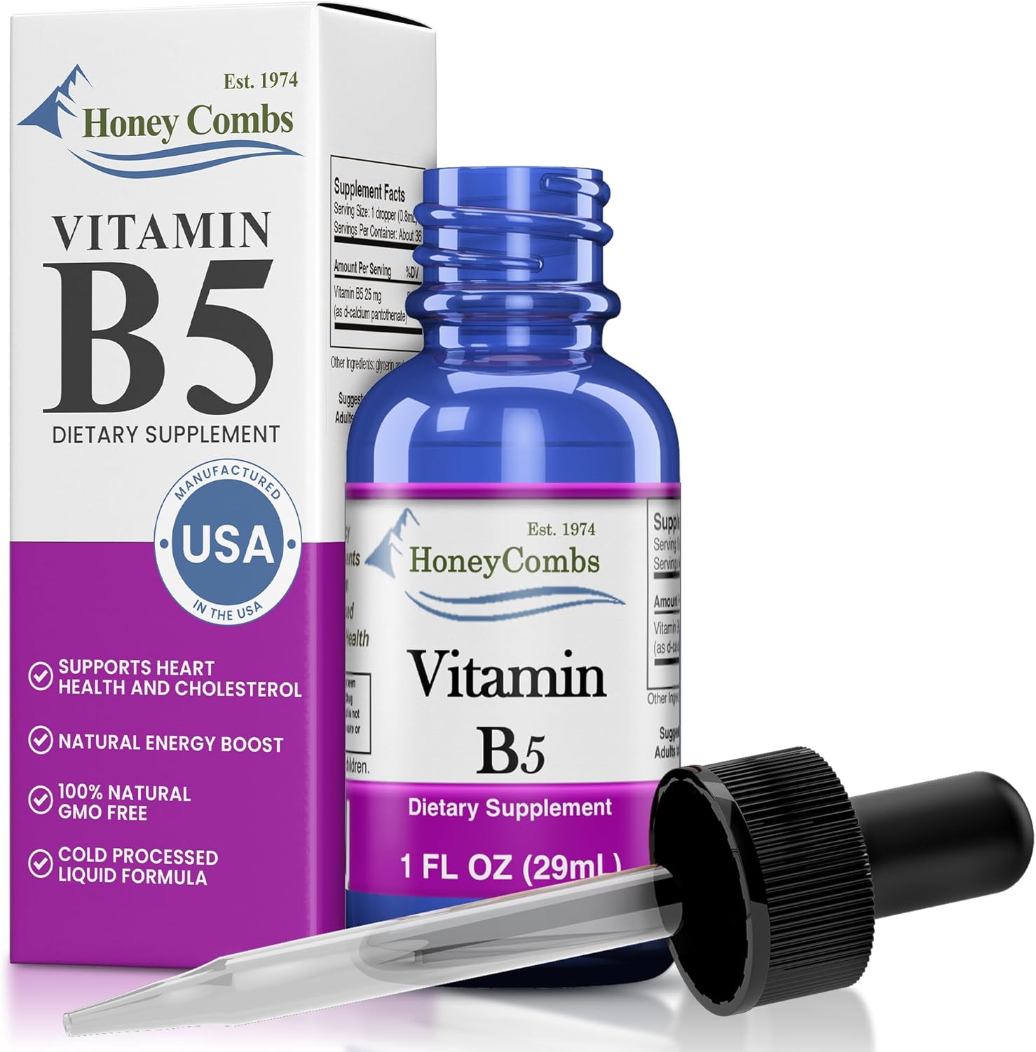 HoneyCombs Vitamin B5 liquid drops bottle front view
