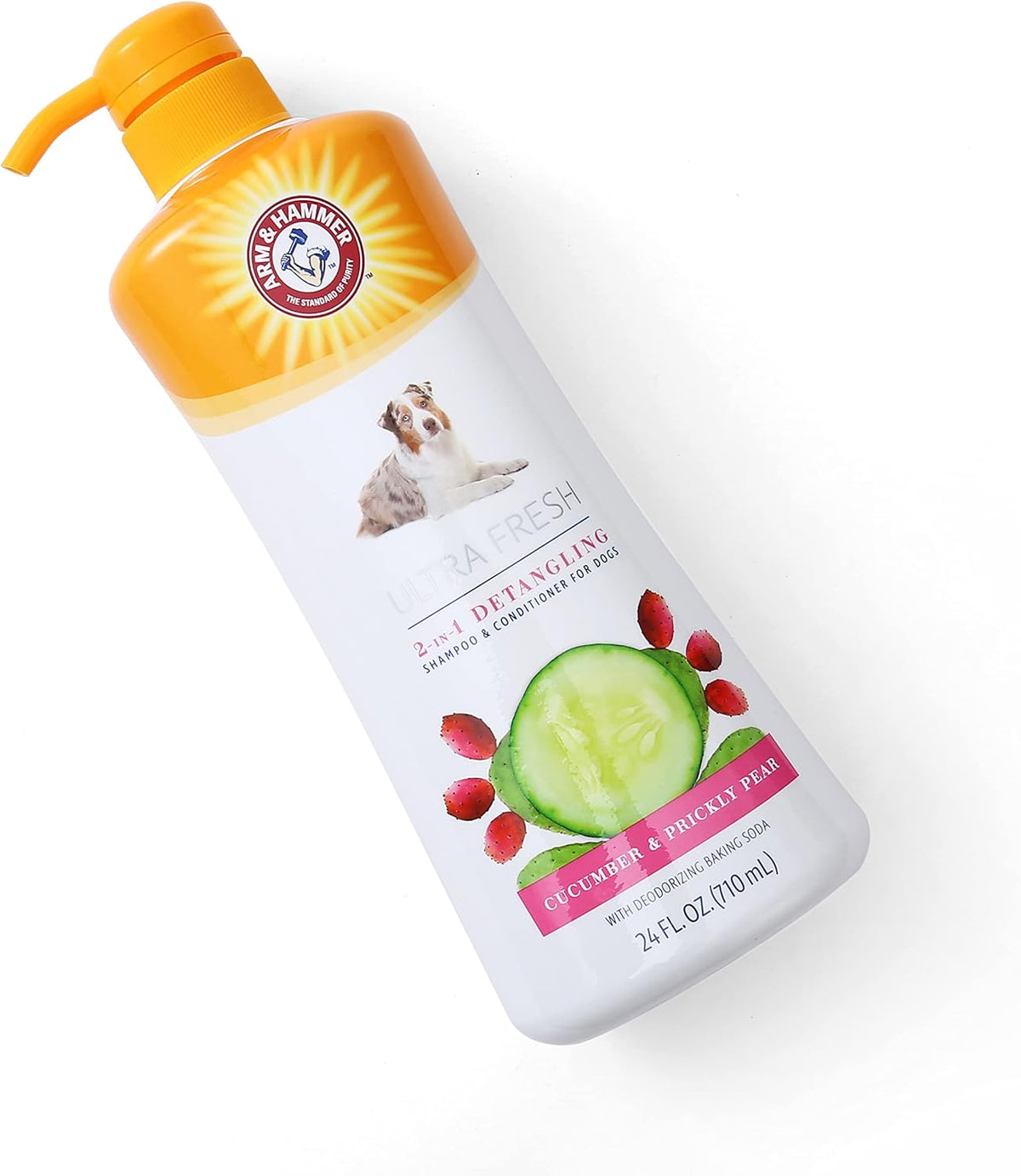 Close up of the pump dispenser on the Arm And Hammer ultra fresh pet shampoo.