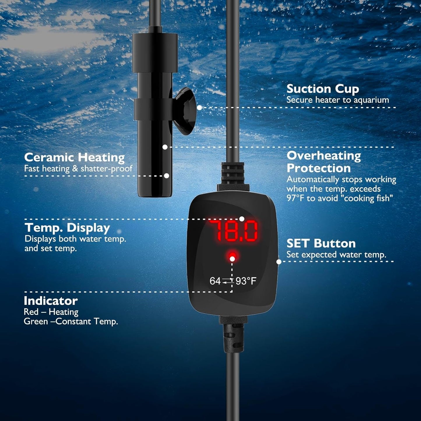 Submersible 10W USB heater inside a small glass fish tank