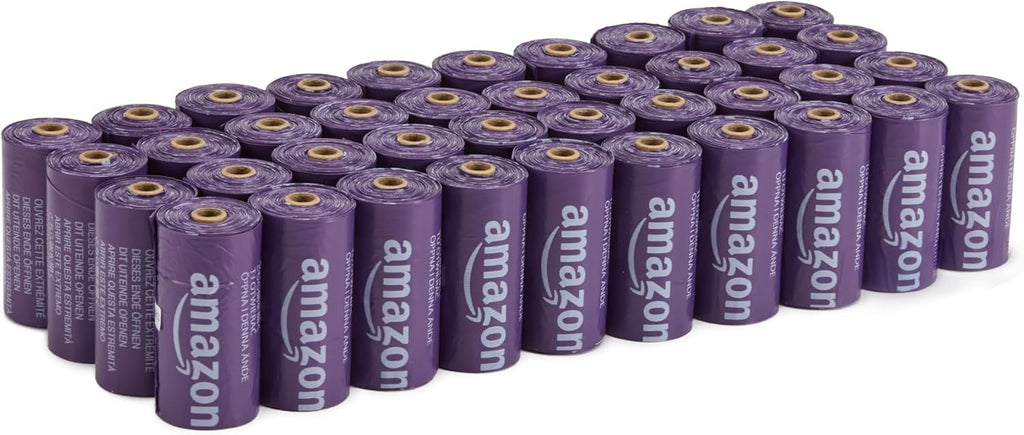 Full packaging view of the three hundred count Amazon Basics unscented dog waste bags kit.