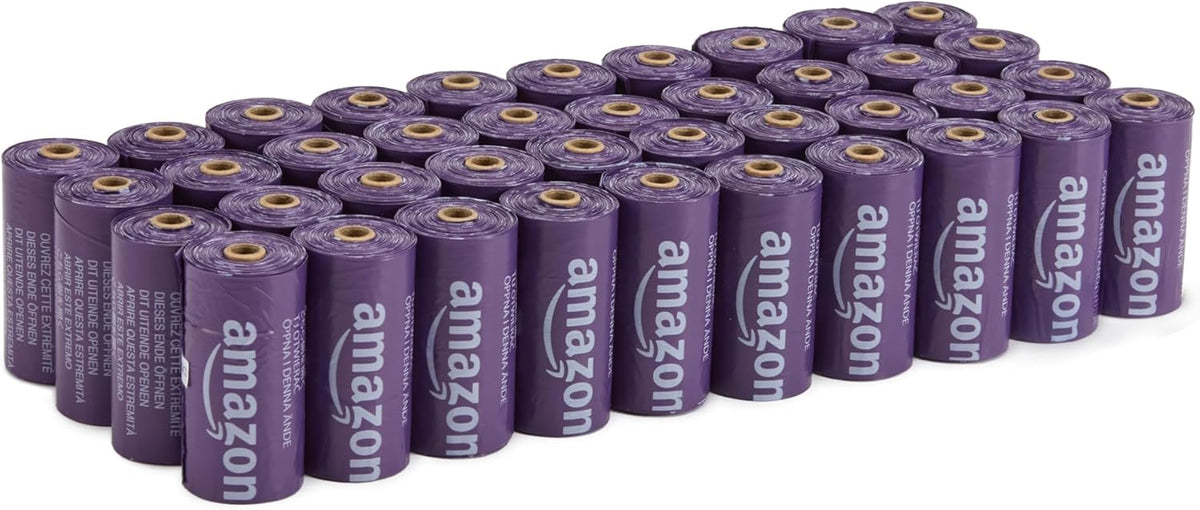 Full packaging view of the three hundred count Amazon Basics unscented dog waste bags kit.