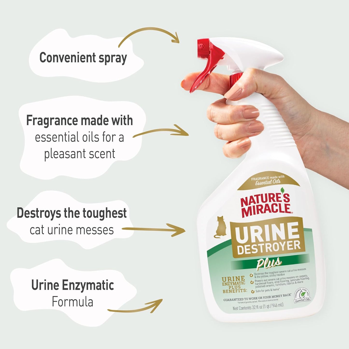 Cat urine odor destroyer spray being used on fabric couch cushions
