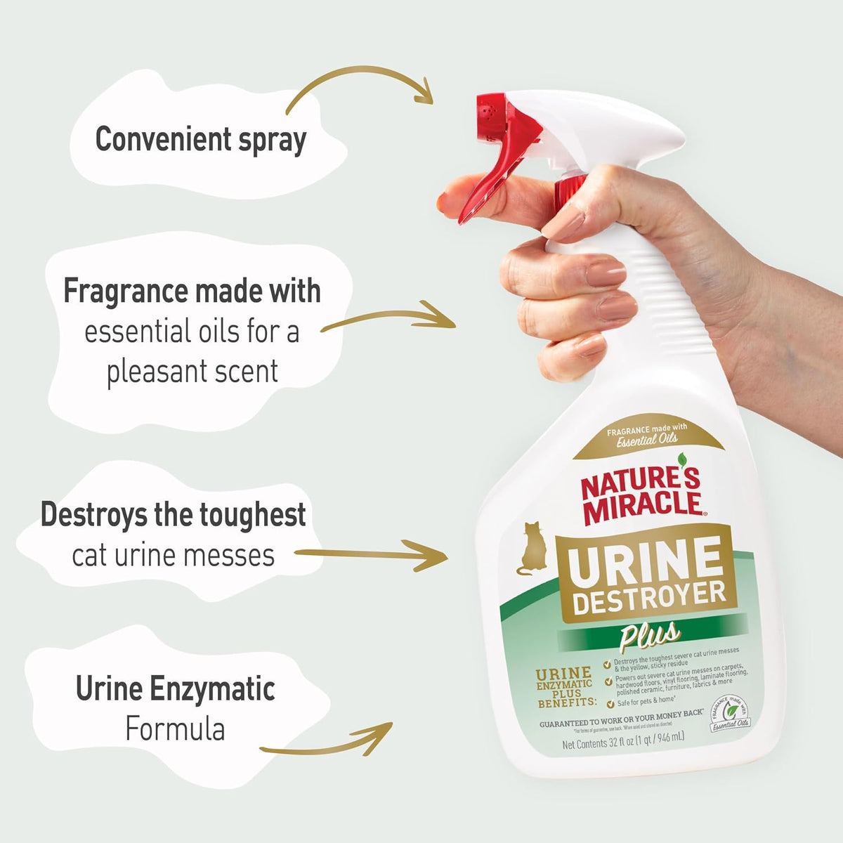 Cat urine odor destroyer spray being used on fabric couch cushions