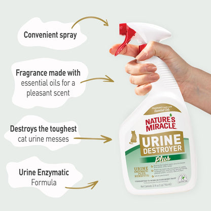 Cat urine odor destroyer spray being used on fabric couch cushions
