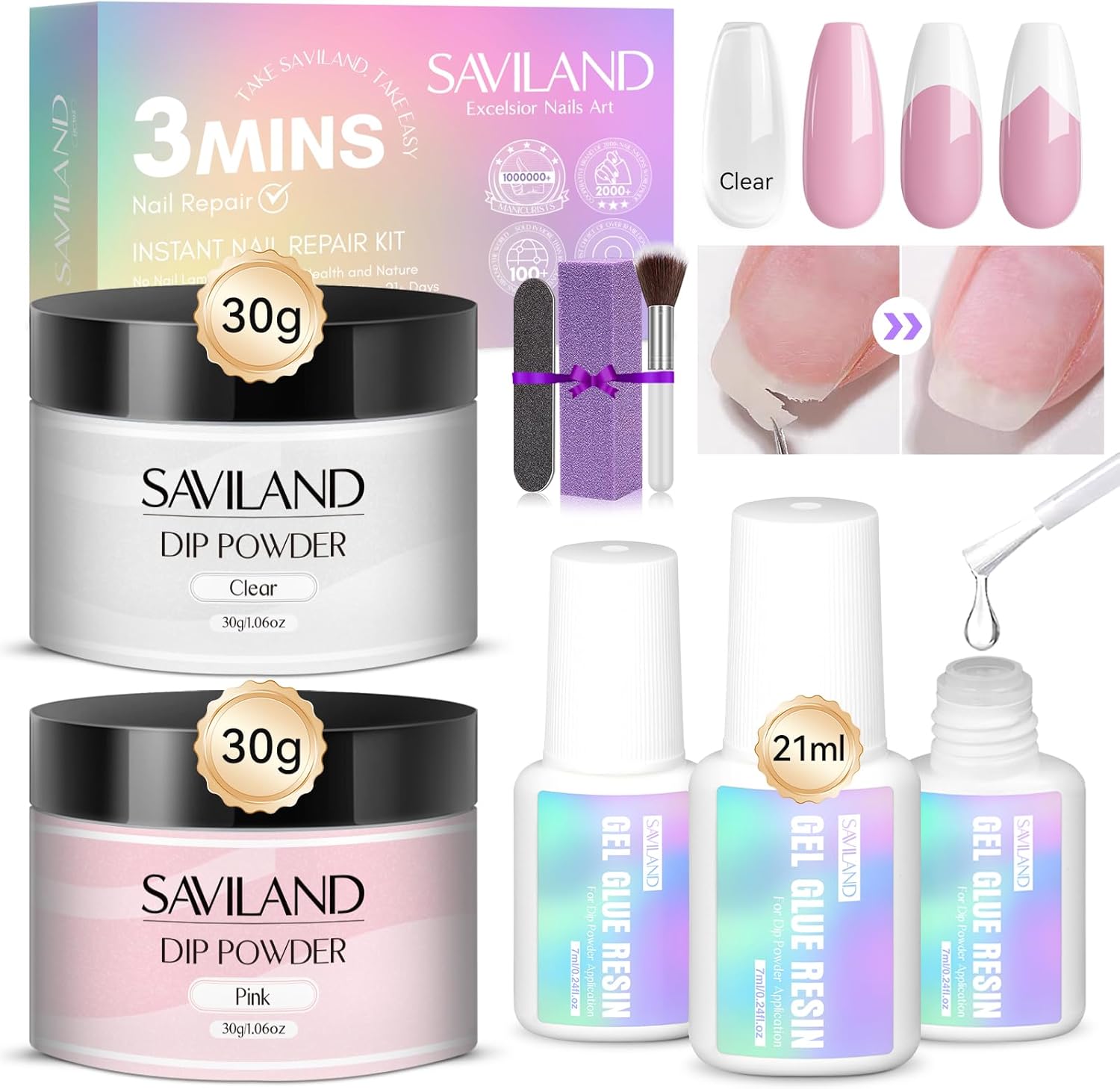 Saviland 60g Nail Repair Kit front packaging view with clear and pink dip powder jars