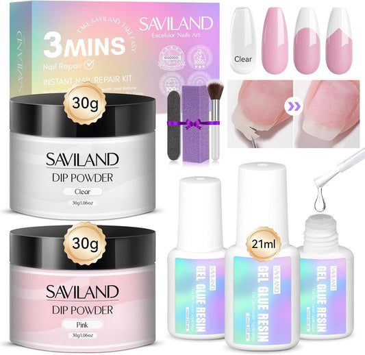 Saviland 60g Nail Repair Kit front packaging view with clear and pink dip powder jars