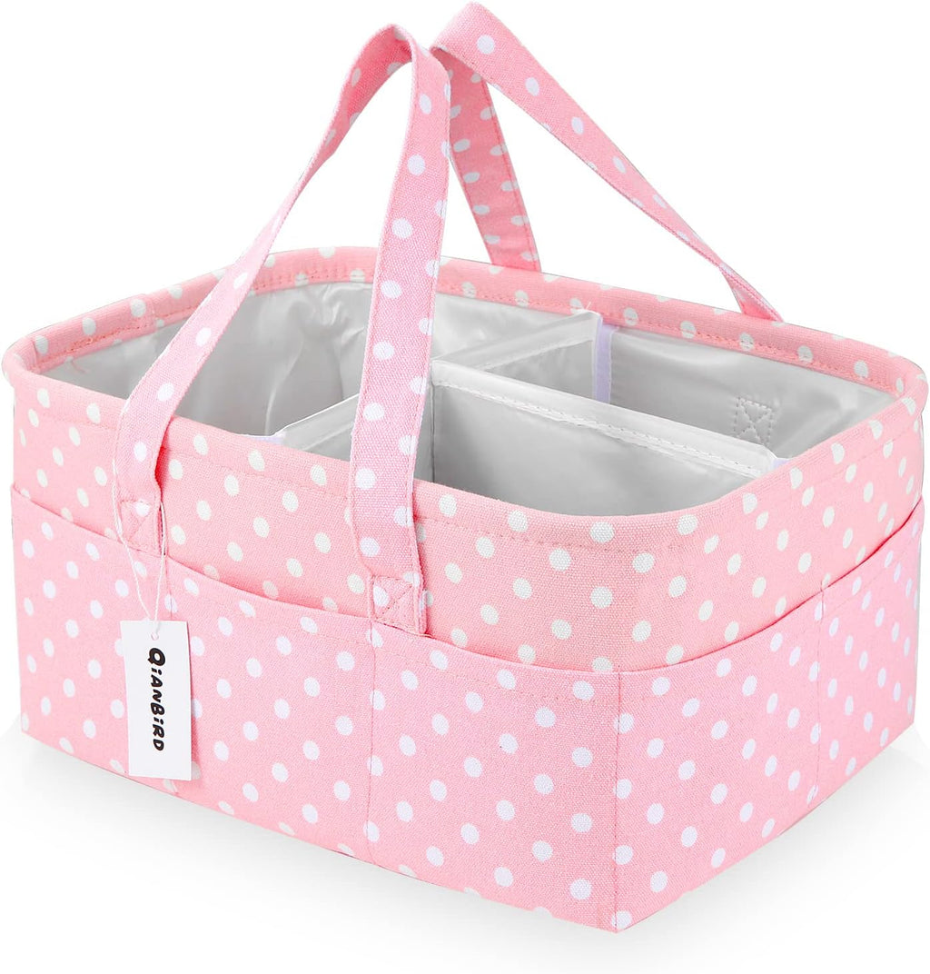 QiANBiRD large pink polka dot diaper caddy organizer front view