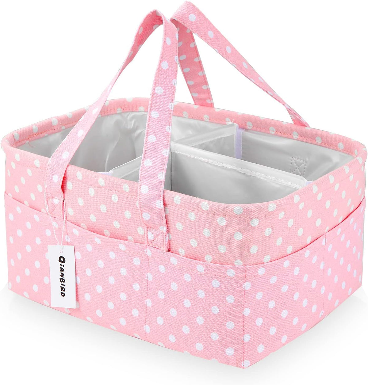 QiANBiRD large pink polka dot diaper caddy organizer front view