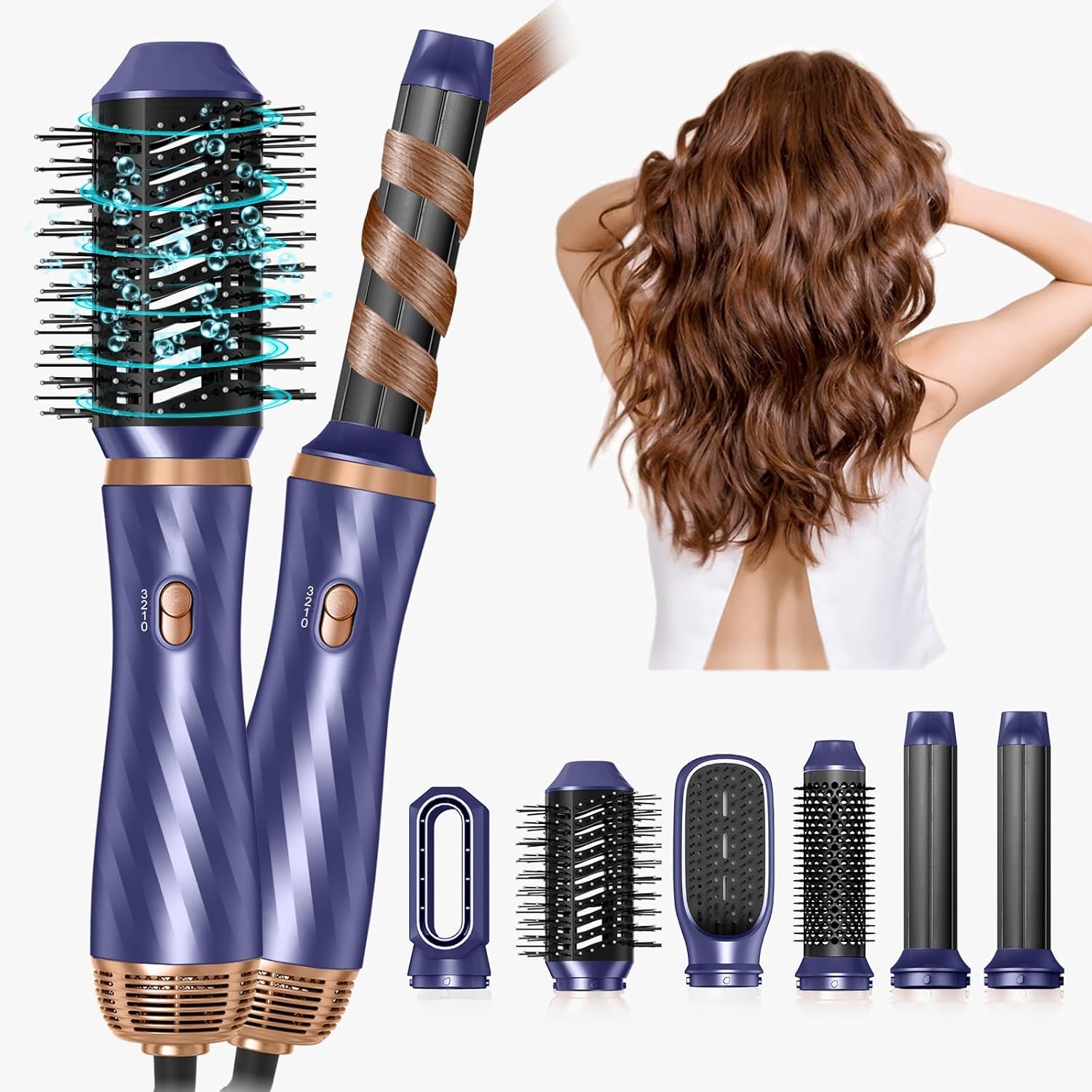 UMIGA 6 in 1 hair dryer brush front view showcasing the blue and gold main handle styling tool.