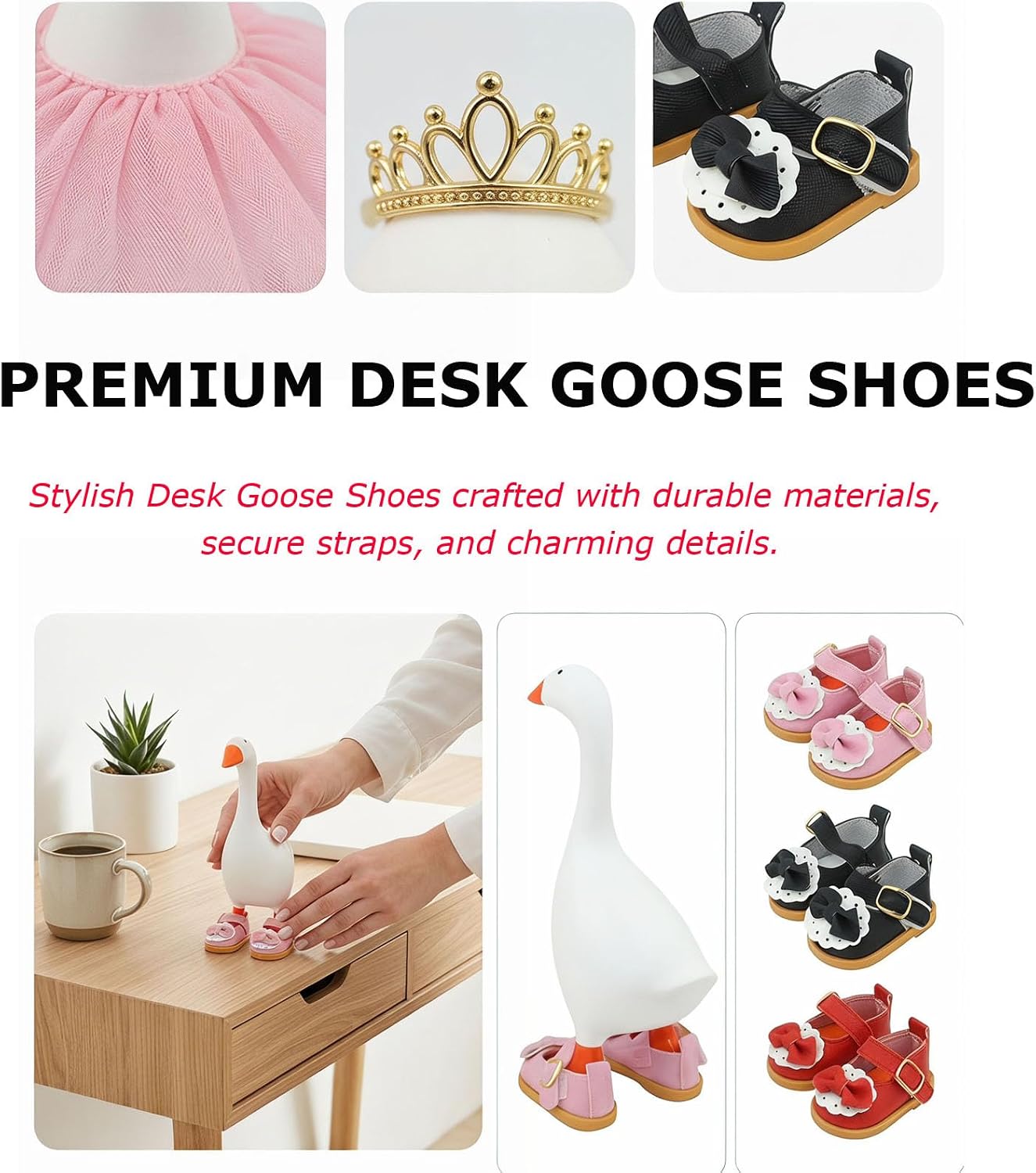 Mrwtesio mini goose accessories collection showing four pairs of shoes in pink, black, red, and white styles.