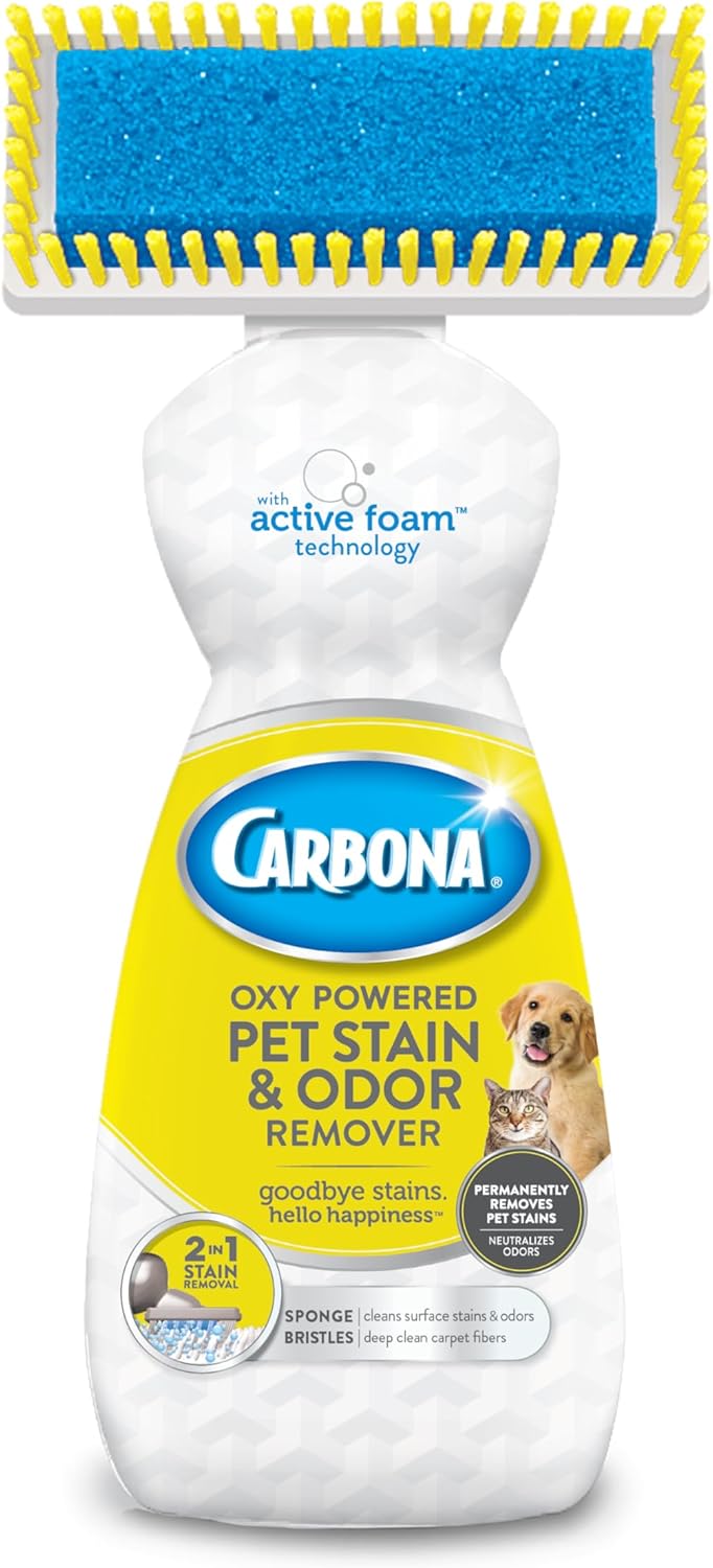 Three bottles of Carbona oxy powered pet carpet spot cleaner arranged together