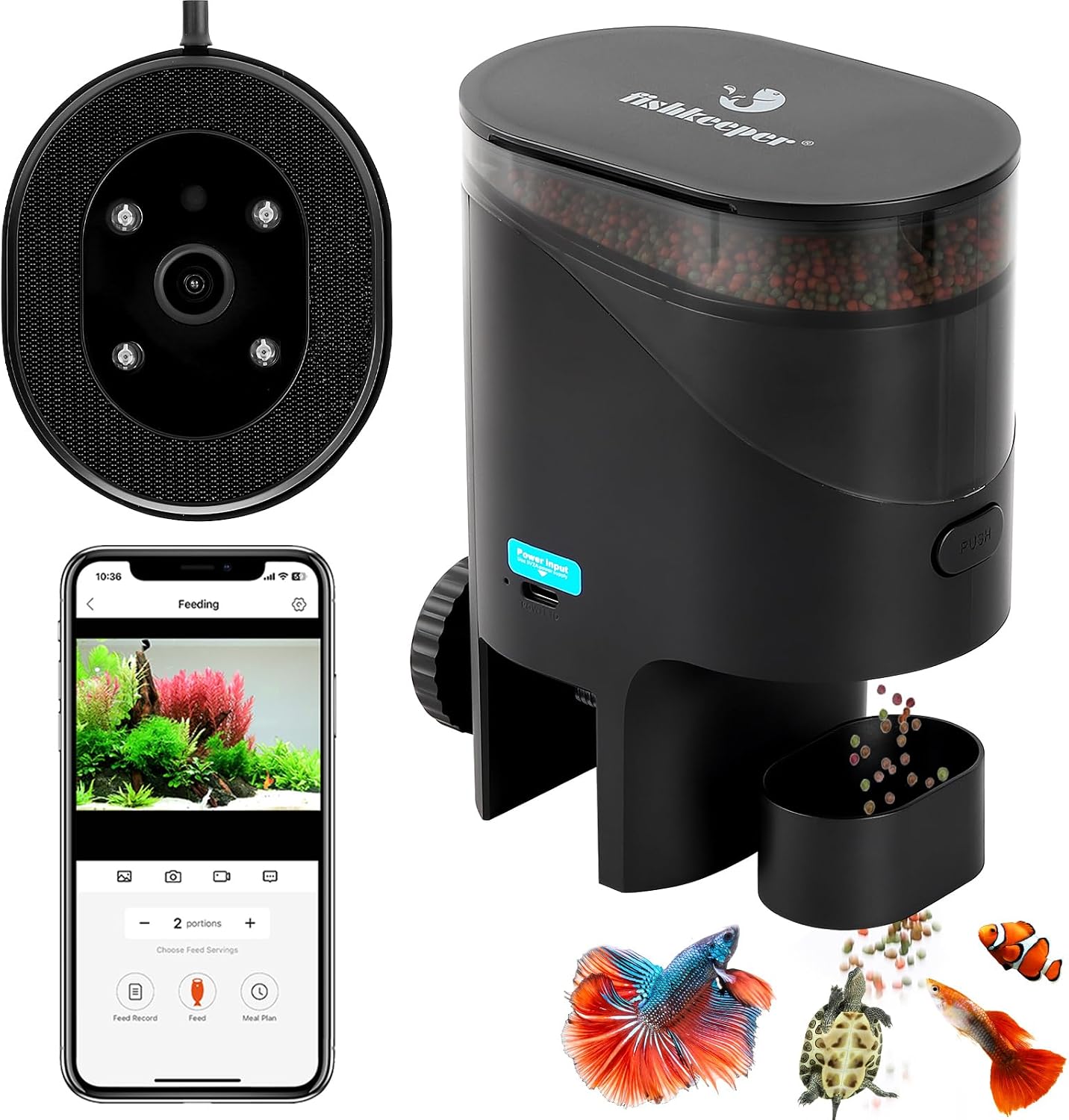 Fishkeeper automatic fish feeder front view showing the sleek black vertical food container and dispensing tray.