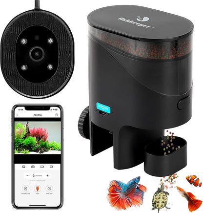 Fishkeeper automatic fish feeder front view showing the sleek black vertical food container and dispensing tray.
