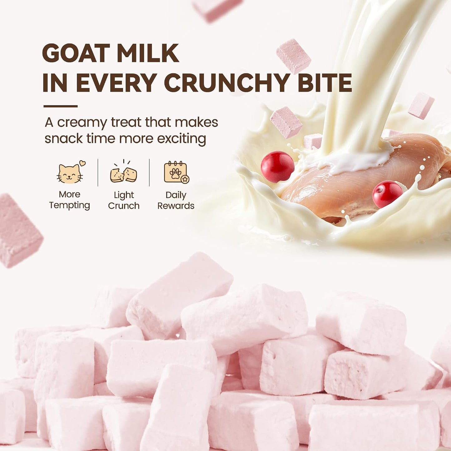 Heckin Yum goat milk and chicken cat treats packaging close up.