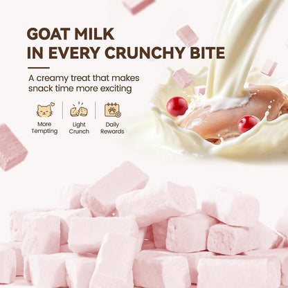 Heckin Yum goat milk and chicken cat treats packaging close up.