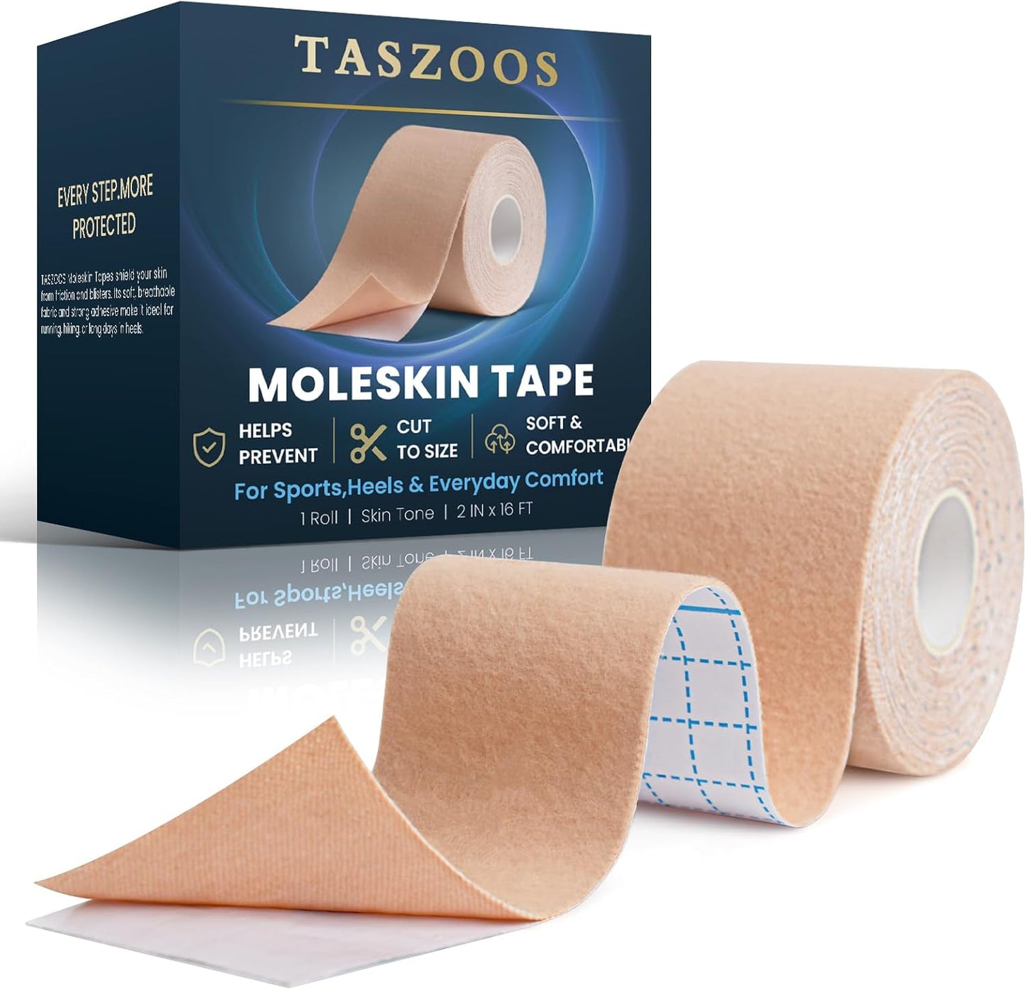 TASZOOS Moleskin Tape 2 inch roll front view for blister prevention.