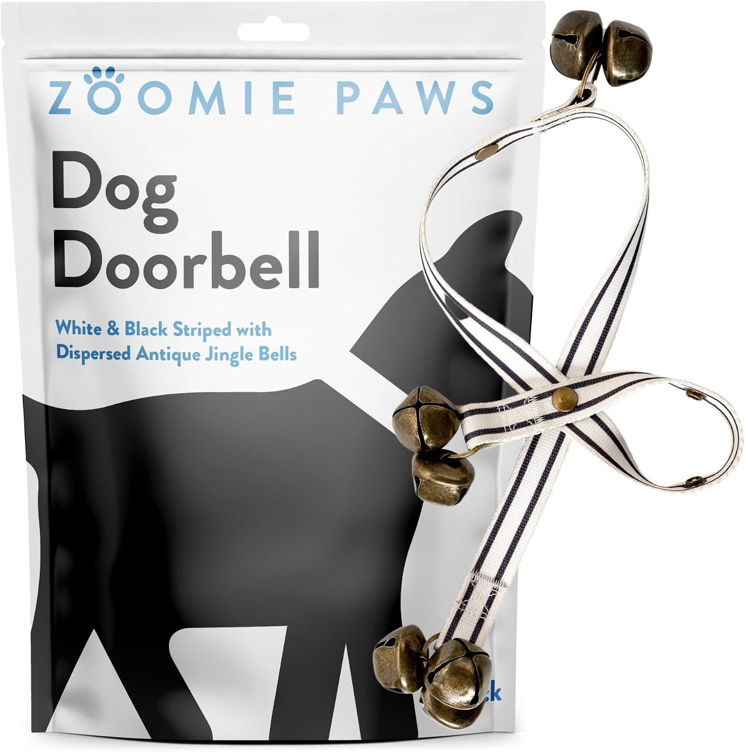 Zoomie Paws dog potty training bell with black and white strap