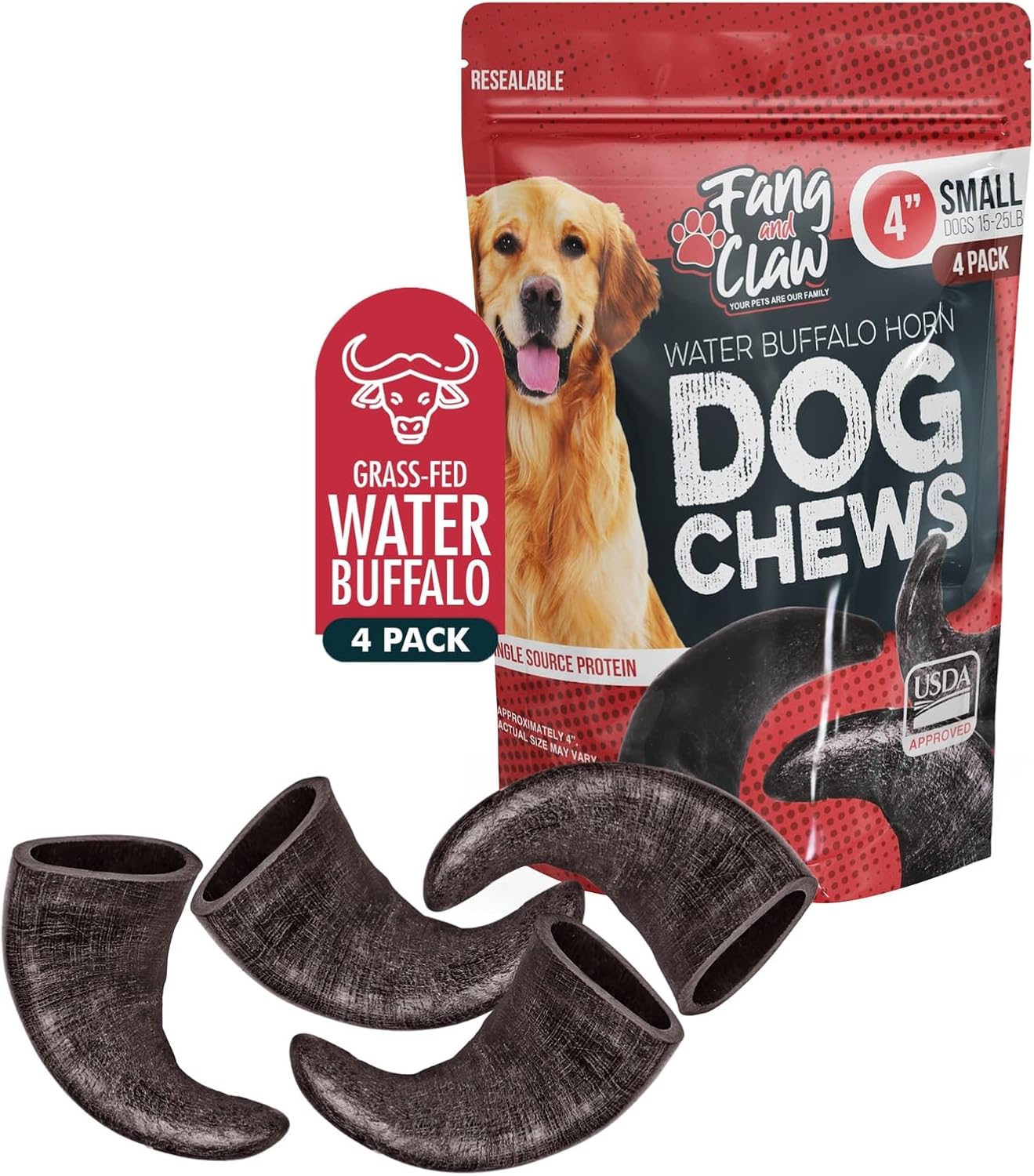 4 Pack Water Buffalo Horns for Dogs, Large 8 Inch - Natural Antler & Rawhide Bone Alternative for Aggressive Chewers, Long Lasting Single-Source Grass-Fed Dog Chew - Image 9