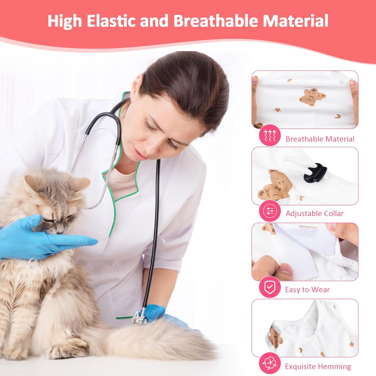 Breathable cotton feline bodysuit preventing post-operative stitch licking