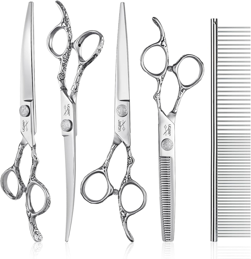 JASON curved dog grooming scissors showing up-curved and down-curved styling blades