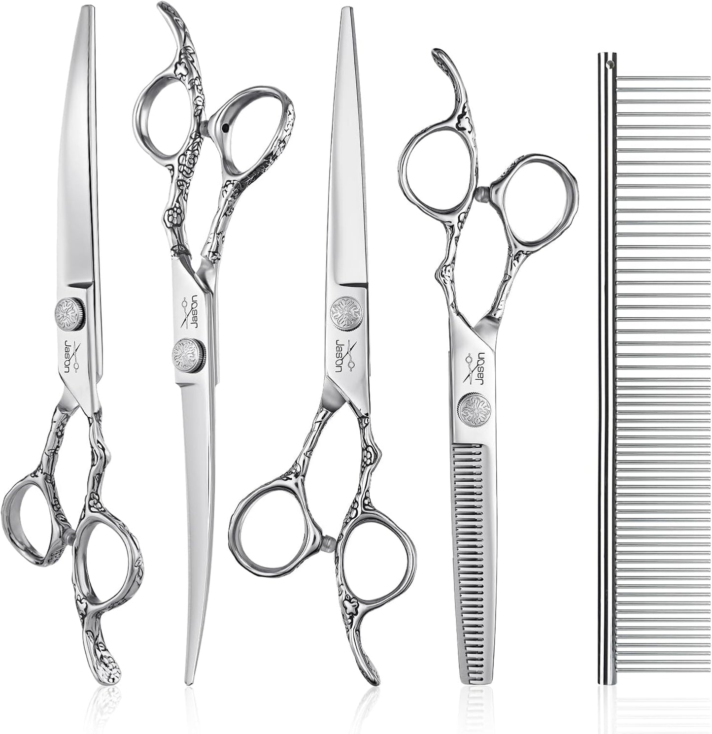 JASON curved dog grooming scissors showing up-curved and down-curved styling blades