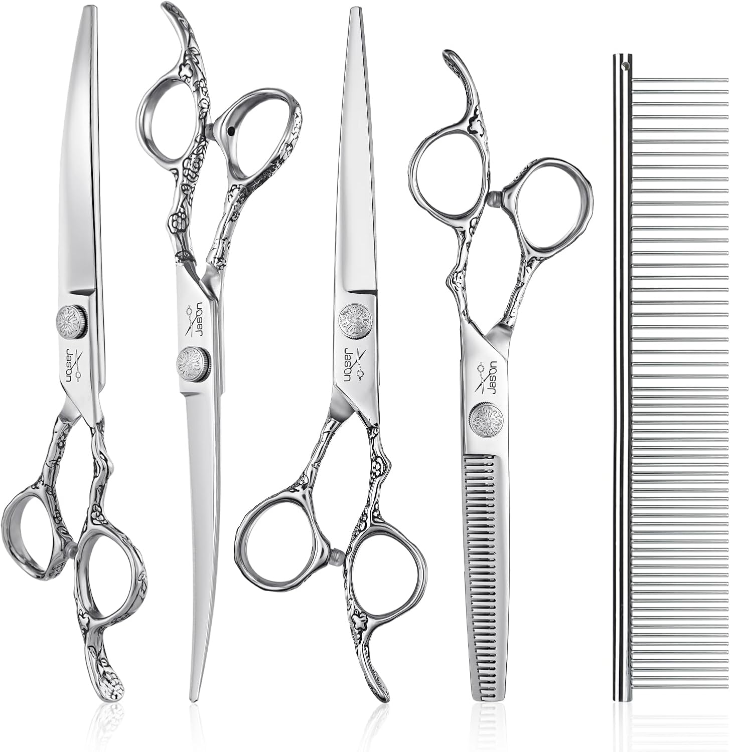 JASON curved dog grooming scissors showing up-curved and down-curved styling blades