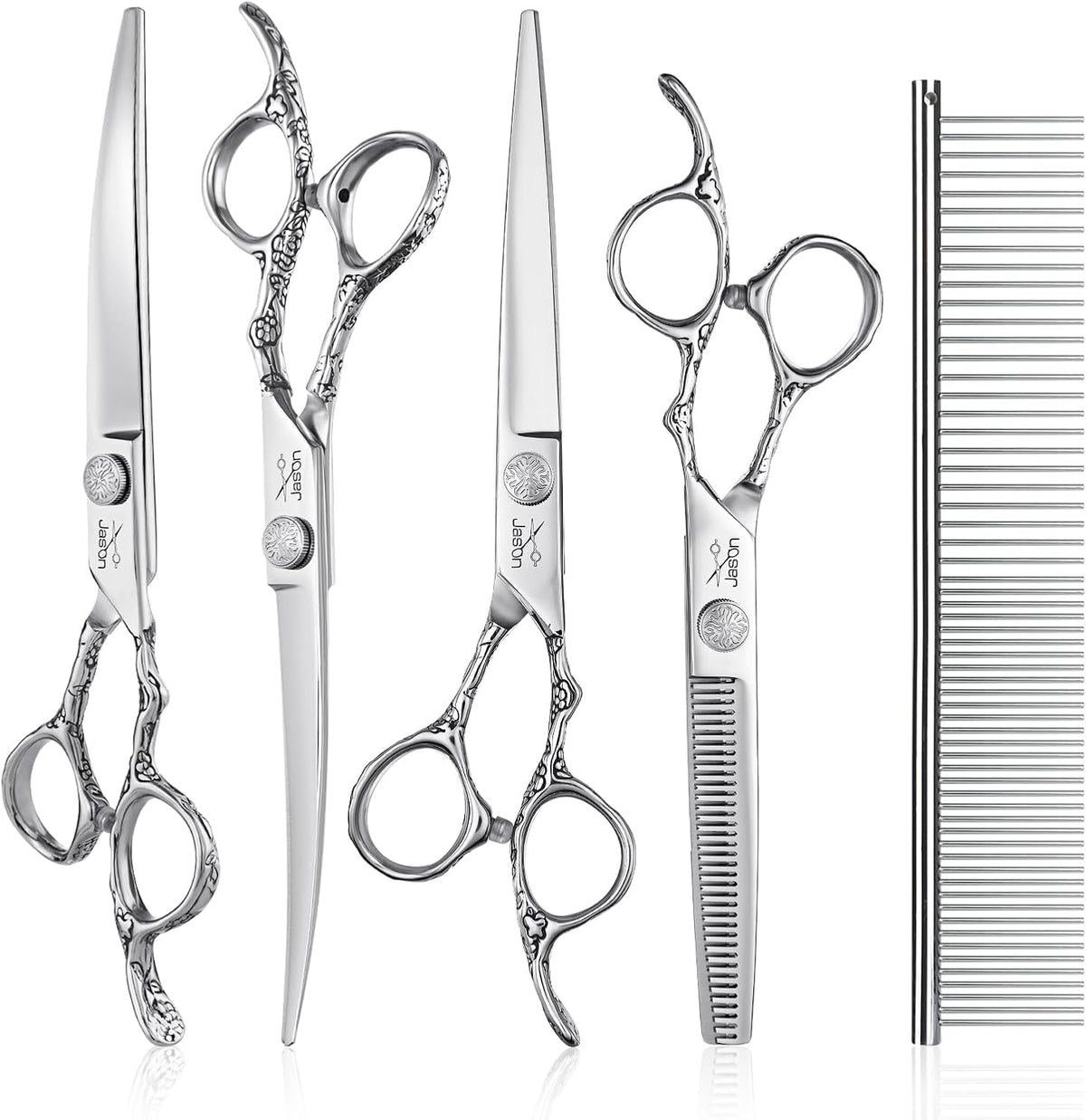 JASON curved dog grooming scissors showing up-curved and down-curved styling blades