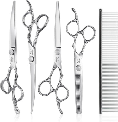 JASON curved dog grooming scissors showing up-curved and down-curved styling blades