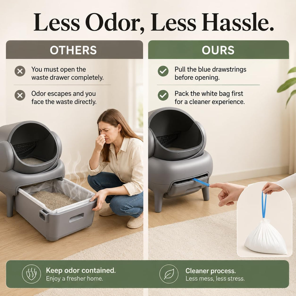 Double drawstring system being pulled to securely seal the cat litter waste liner