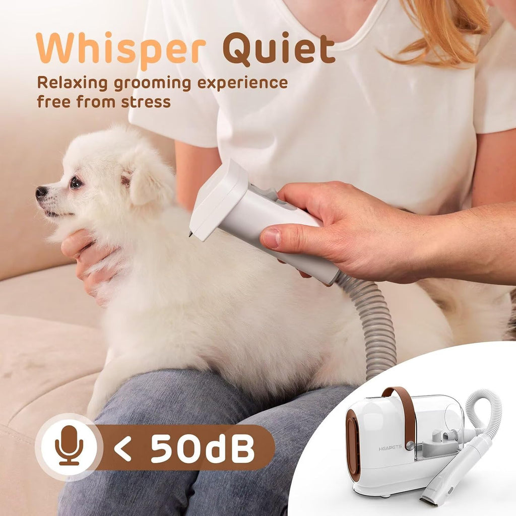 Side view of the HEAPETS white grooming vacuum highlighting the three adjustable suction control buttons.