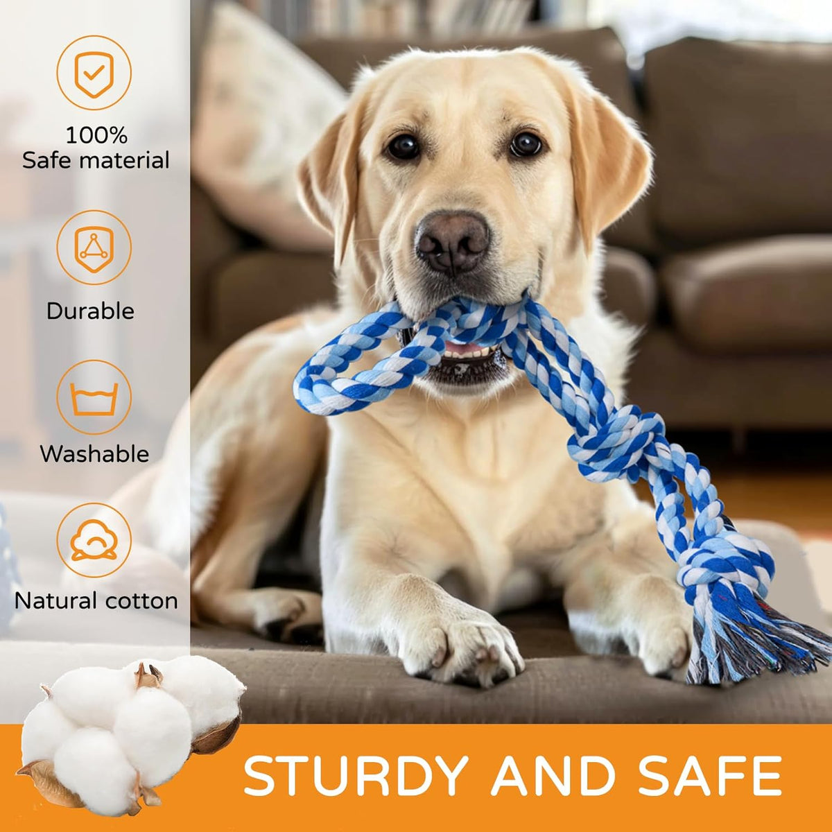 TLAZZ large dog rope toy with handle being used for an interactive game of tug of war