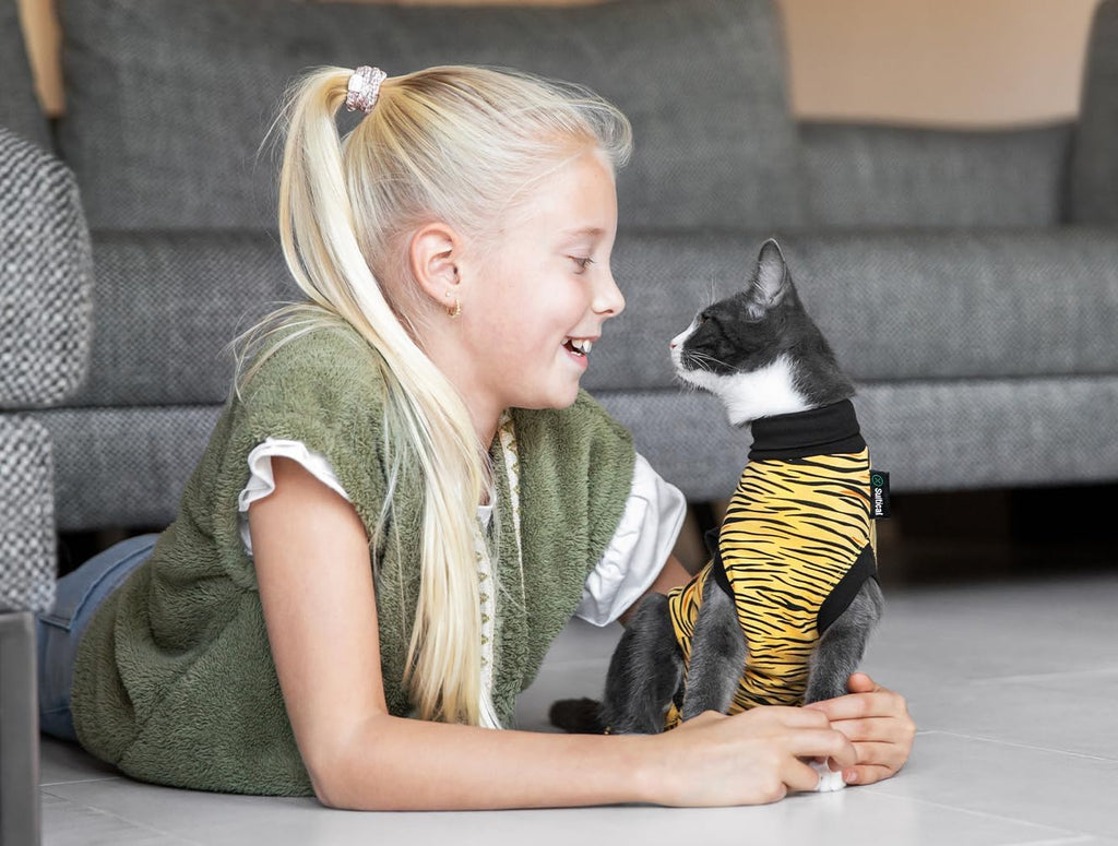 Cat wearing Suitical recovery suit side profile