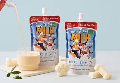 SuperPaw Lactose Free Dog and Cat Milk easy pour pouch displaying nutritional ingredients like taurine and glucosamine