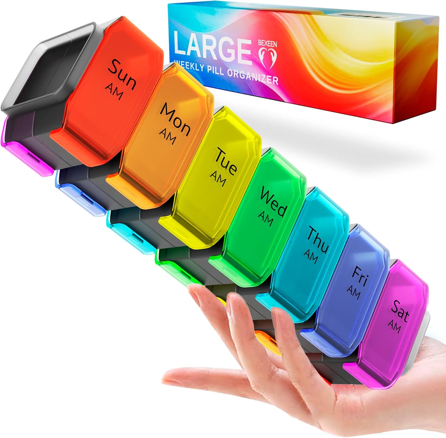 BEXEEN extra large weekly pill organizer front view showcasing rainbow colored compartments