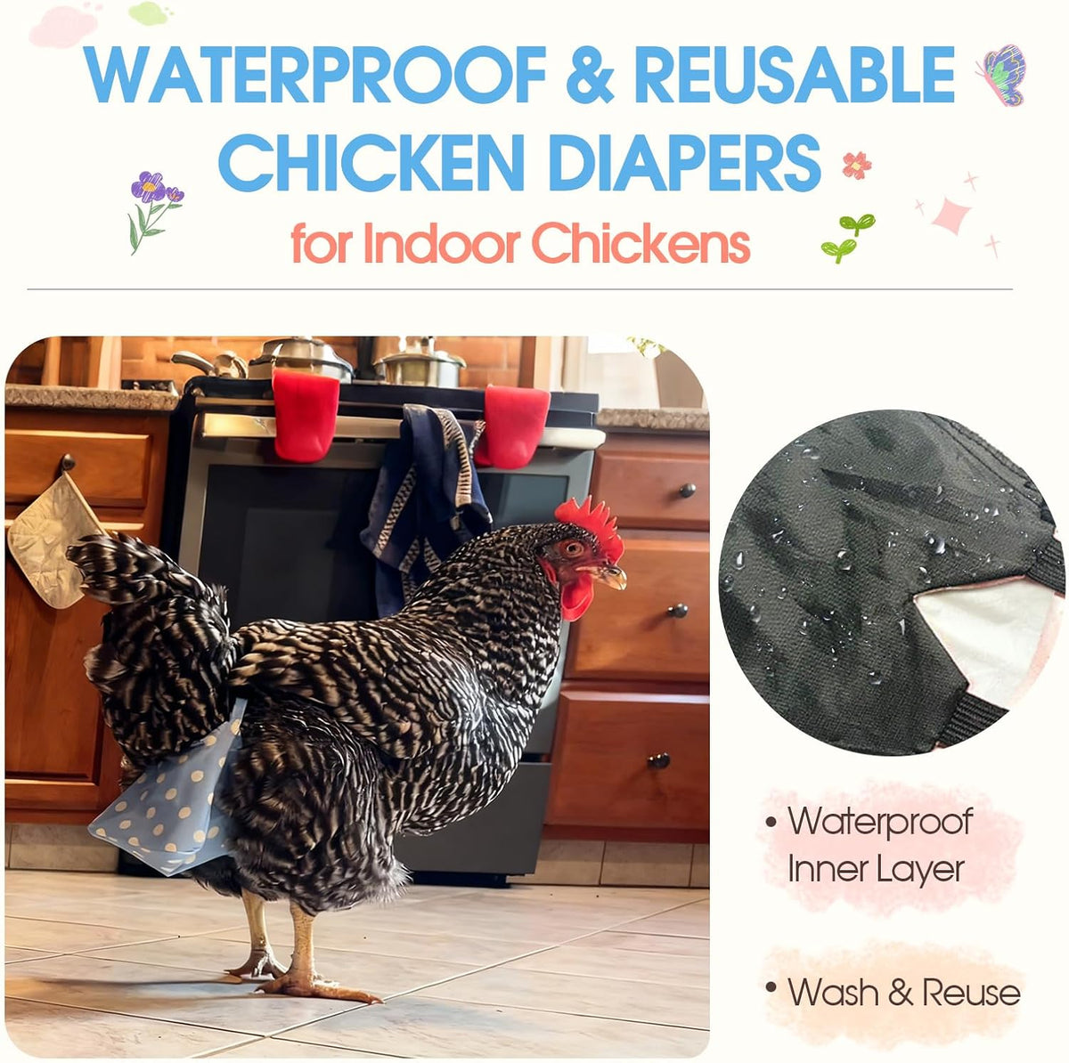 QBLEEV poultry nappy displaying adjustable hook and loop fasteners